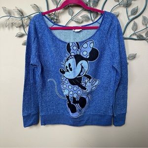 Disney Parks blue dancing Minnie Mouse off shoulder pullover sweatshirt Sz M EUC